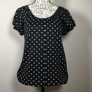 Black white polka dot blouse button details sheer short sleeves round neck sz S